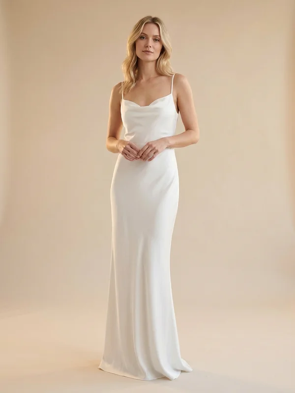 Paloma — White Silk Destination Wedding Dress with Cowl Back - 1