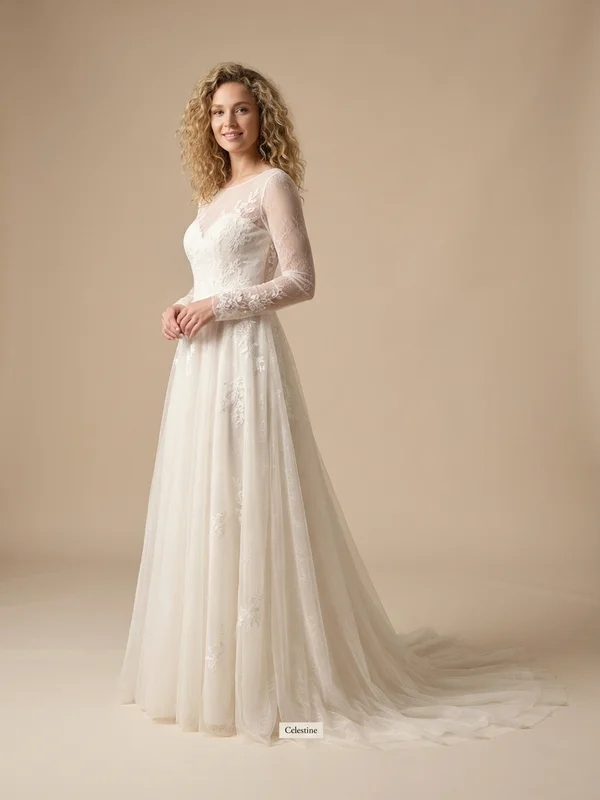 Celestine — Ivory Embroidered A-Line Wedding Dress with Illusion Sleeves - 1