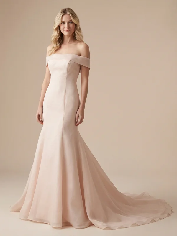 Evangeline — Blush Organza Fit & Flare Wedding Dress with Off-Shoulder Straps - 1