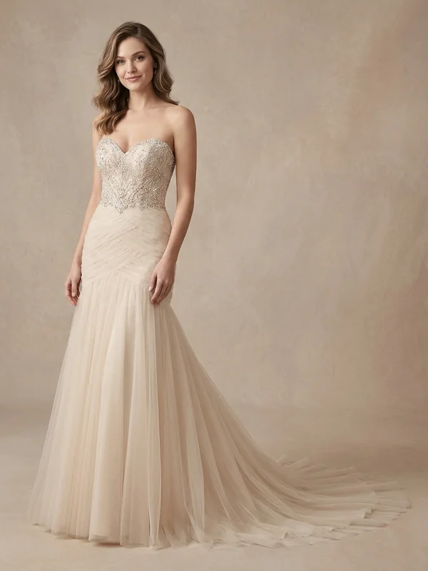 Isadora — Champagne Tulle Fit & Flare Wedding Dress with Sparkle Bodice - 1