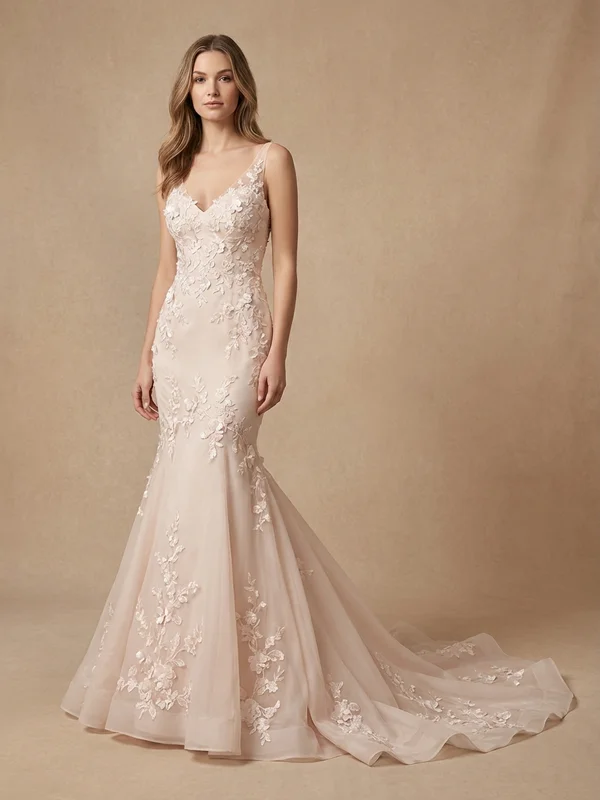 Dahlia — Blush Floral Embroidered Mermaid Wedding Gown with Illusion Back - 1