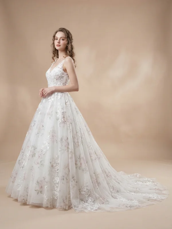 Wisteria — White Floral Tulle Ball Gown Wedding Dress with Puff Sleeves - 1