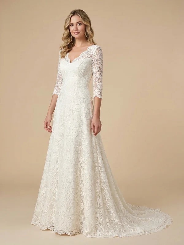 Arabelle — Ivory Lace A-Line Wedding Dress with Flutter Sleeves - 1