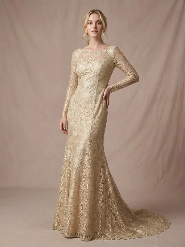 Aurelie — Gold Lace Fit & Flare Wedding Dress with Illusion Back - 1