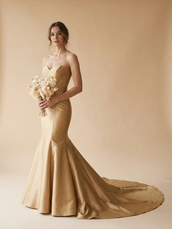 Celestia — Gold Satin Mermaid Wedding Dress with Cathedral Train - 1