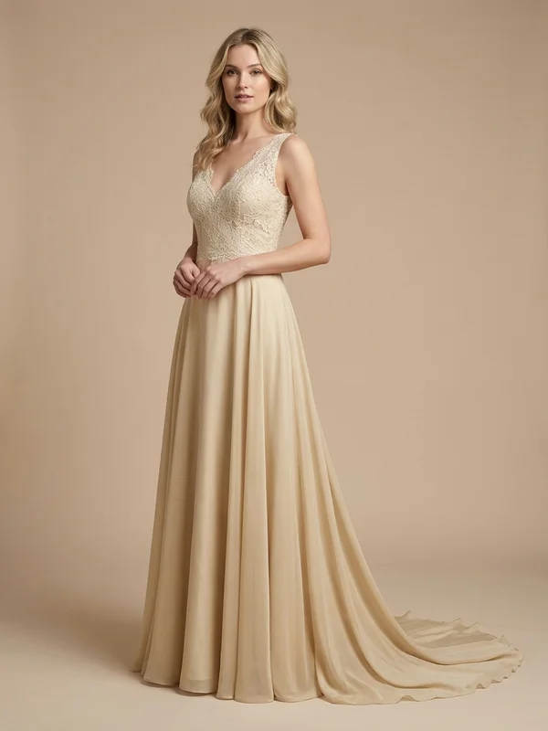 Isadora — Antique Gold Chiffon A-Line Wedding Dress with Bell Sleeves - 1