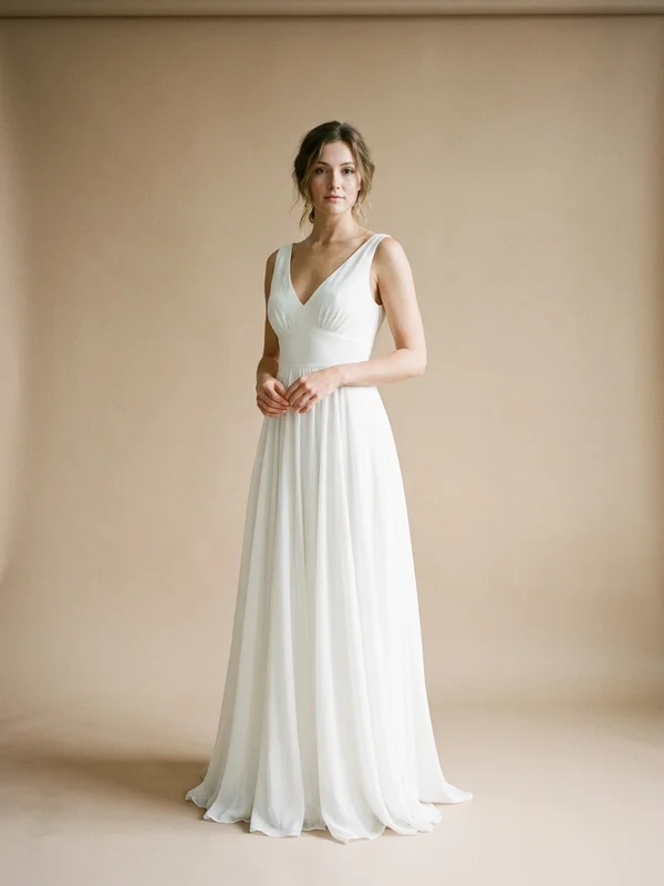 Clover — White Chiffon Garden Wedding Gown with Botanical Embroidery - 1
