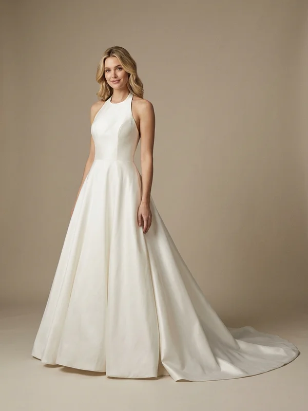 Celestine — Ivory Satin Halter Neck Wedding Dress with Draped Back - 1