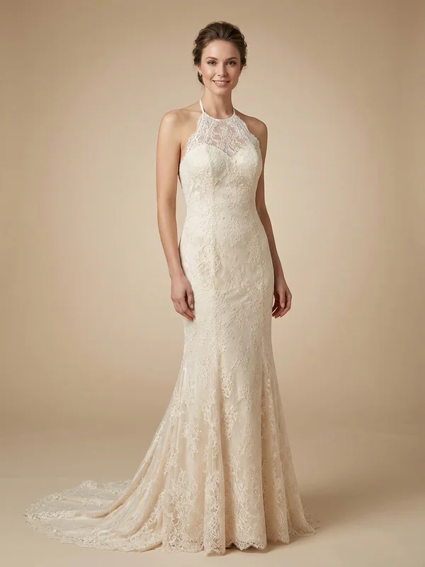 Ophelia — Champagne Lace Halter Neck Wedding Gown with Illusion Back - 1