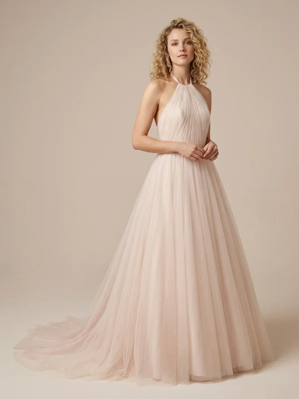 Vivienne — Blush Tulle Halter Neck Wedding Gown with Beaded Bodice - 1
