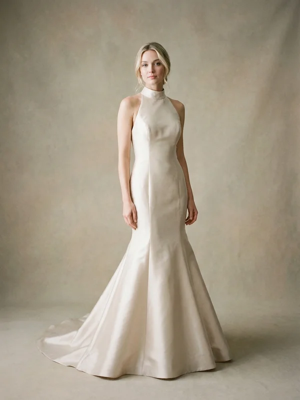 Constance — Champagne Satin High Neck Wedding Dress with Keyhole Back - 1