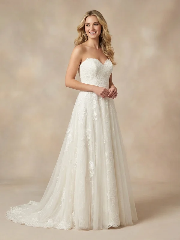 Evangeline — Ivory Lace Illusion Back Wedding Dress with Button Detail - 1