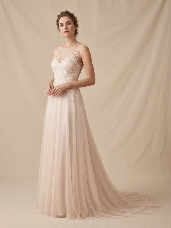 Isadora — Blush Vine Embroidered Illusion Back Wedding Dress with Long Sleeves - 1