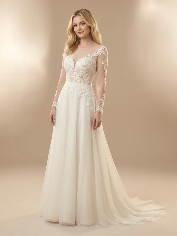 Rosalind — Ivory Floral Appliqué Illusion Back Wedding Dress with Sweep Train - 1