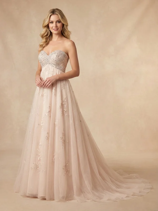 Isadora — Blush Tulle Empire Waist Wedding Gown with Beaded Bodice - 1