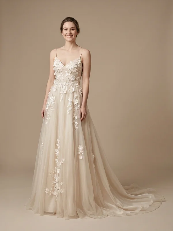 Valentina — Champagne Tulle Spaghetti Strap Wedding Gown with Floral Appliqué - 1