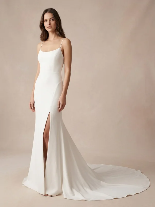 Mirabelle — White Crepe Spaghetti Strap Wedding Dress with Thigh Slit - 1