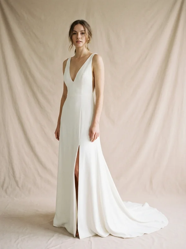 Cassandra — Ivory Crepe Thigh Slit Wedding Dress with Plunging Neckline - 1
