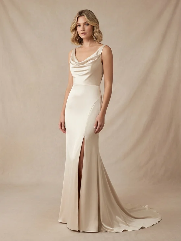 Margaux — Champagne Satin Thigh Slit Wedding Gown with Cowl Neckline - 1