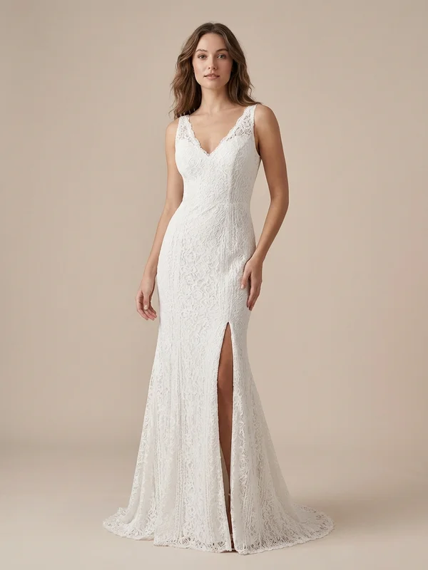 Daphne — White Lace Thigh Slit Wedding Dress with Illusion Back - 1