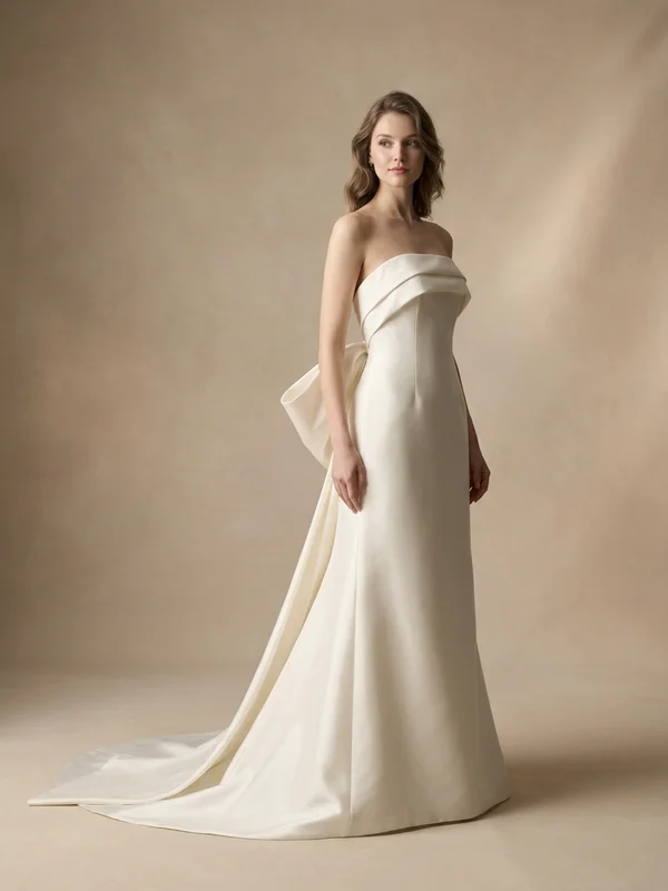 Lennox — Ivory Mikado Thigh Slit Wedding Dress with Sculptural Bow - 1