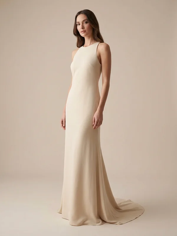 Delphine — Champagne Crepe Cowl Back Wedding Gown with Court Train - 1
