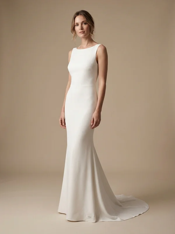 Lennox — White Stretch Satin Cowl Back Wedding Dress with Thigh Slit - 1