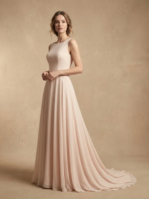 Mirabelle — Blush Silk Chiffon Cowl Back Wedding Gown with Flutter Sleeves - 1