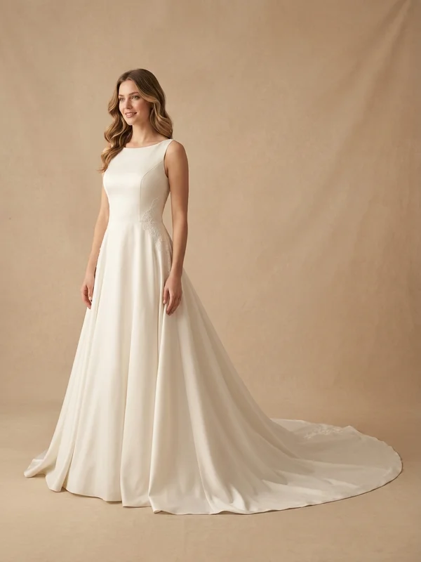 Celestine — Ivory Satin A-Line Wedding Dress with Detachable Cathedral Train - 1