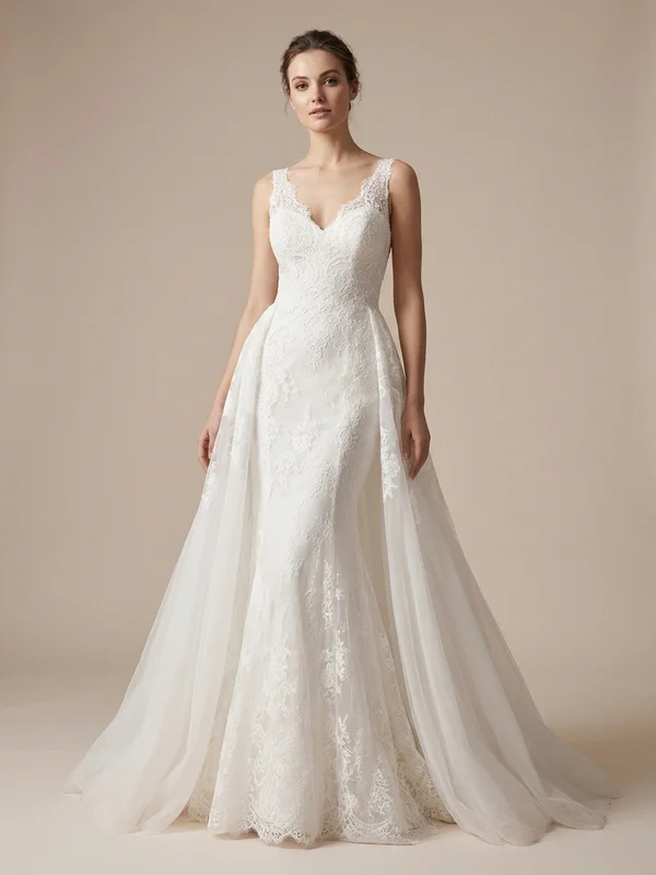 Evangeline — White Lace Mermaid Wedding Gown with Detachable Tulle Overskirt - 1