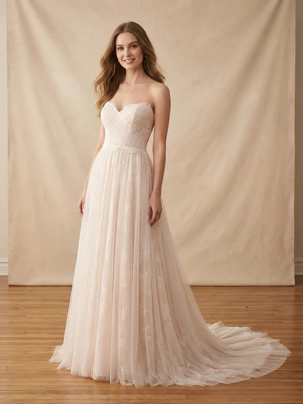 Isadora — Blush Lace A-Line Wedding Dress with Cascading Floral Appliqués - 1