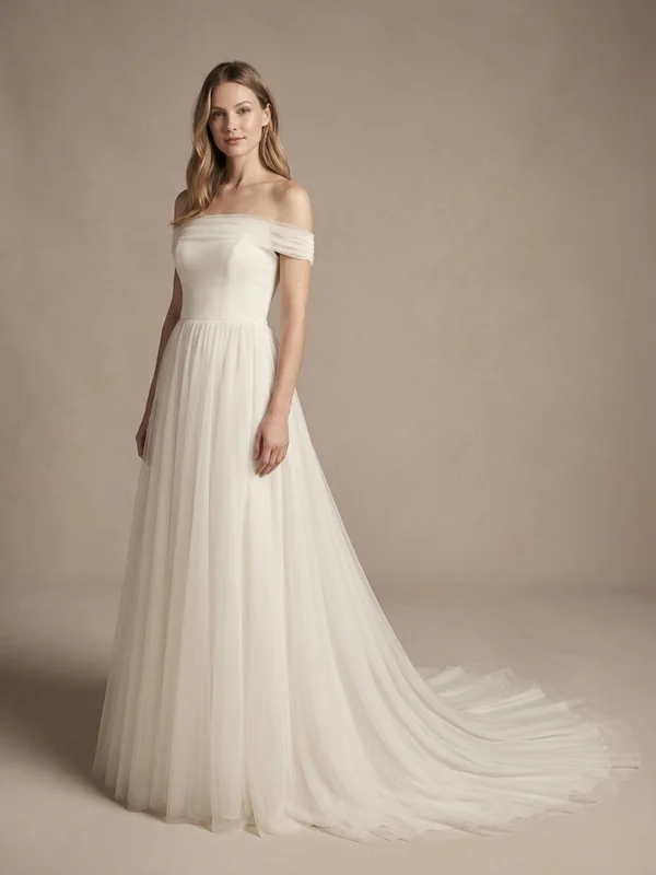 Seraphine — Ivory Tulle Off-Shoulder Wedding Gown with Poet Sleeves - 1