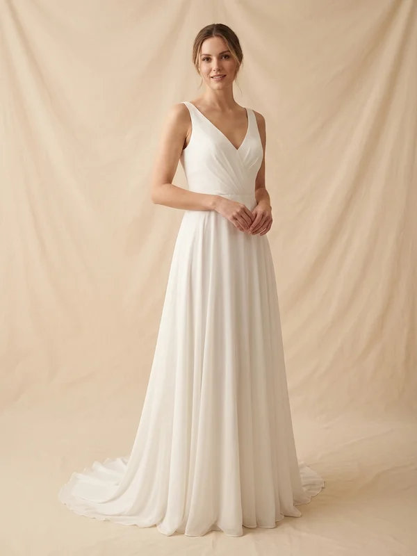 Aurelie — White Silk Chiffon V-Neck Wedding Dress with Draped Bodice - 1