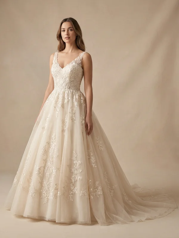 Ophelia — Champagne Embroidered Ball Gown Wedding Dress with Puff Sleeves - 1