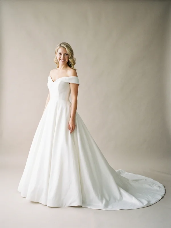 Vivienne — White Satin Ball Gown Wedding Dress with Cathedral Train - 1