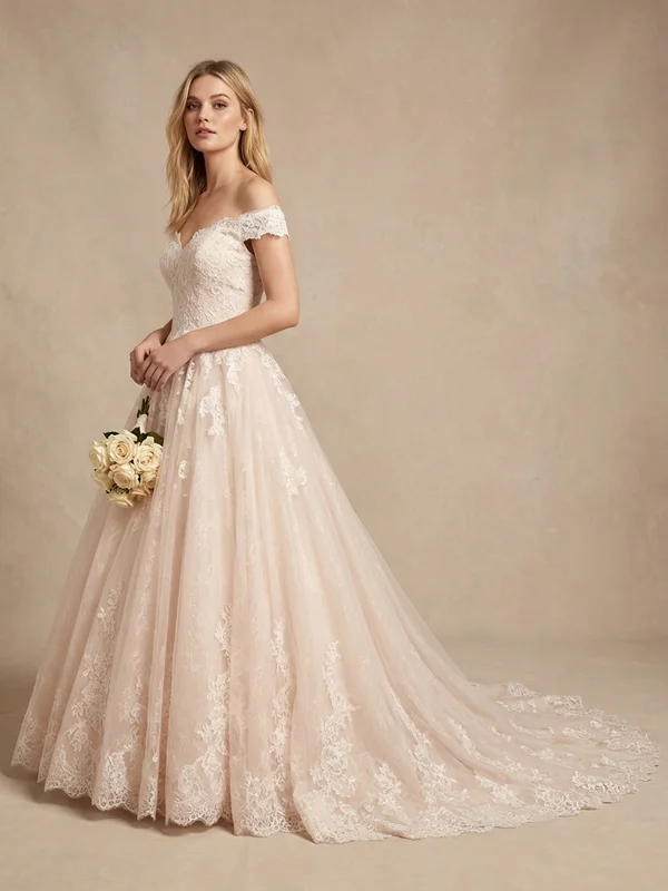 Arabella — Blush Lace Ball Gown Wedding Dress with Off-Shoulder Neckline - 1