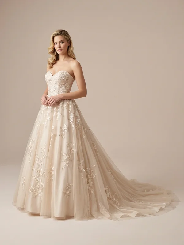 Genevieve — Champagne Embroidered Ball Gown Wedding Dress with Sweetheart Neckline - 1