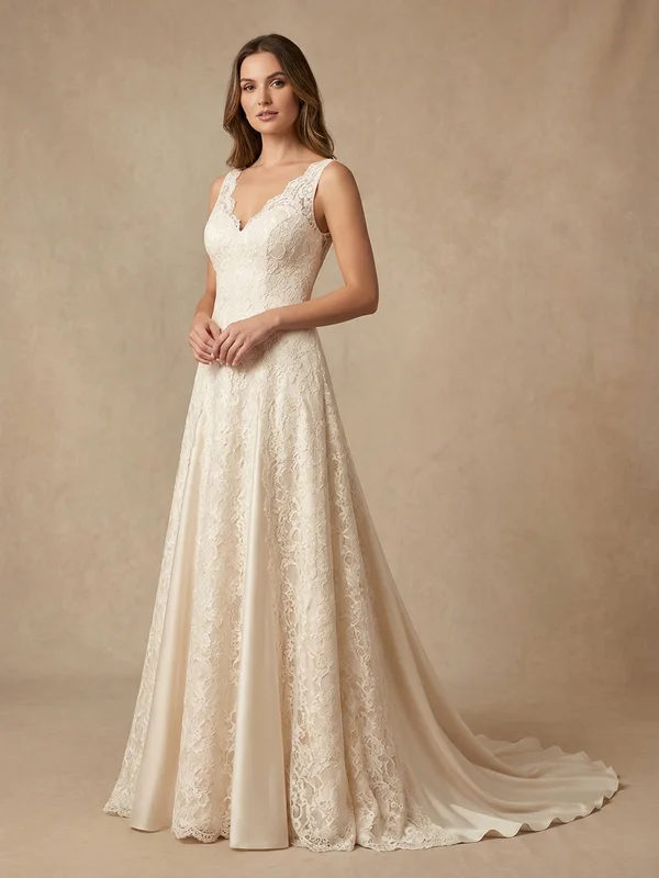 Rosalind — Champagne Lace Winter Wedding Dress with Three-Quarter Sleeves - 1