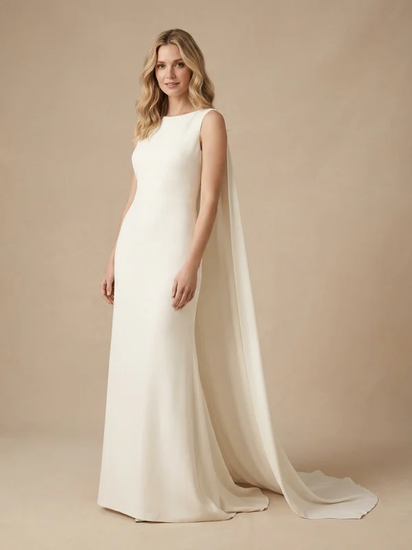 Isolde — Ivory Crepe Winter Wedding Gown with Cape Detail - 1