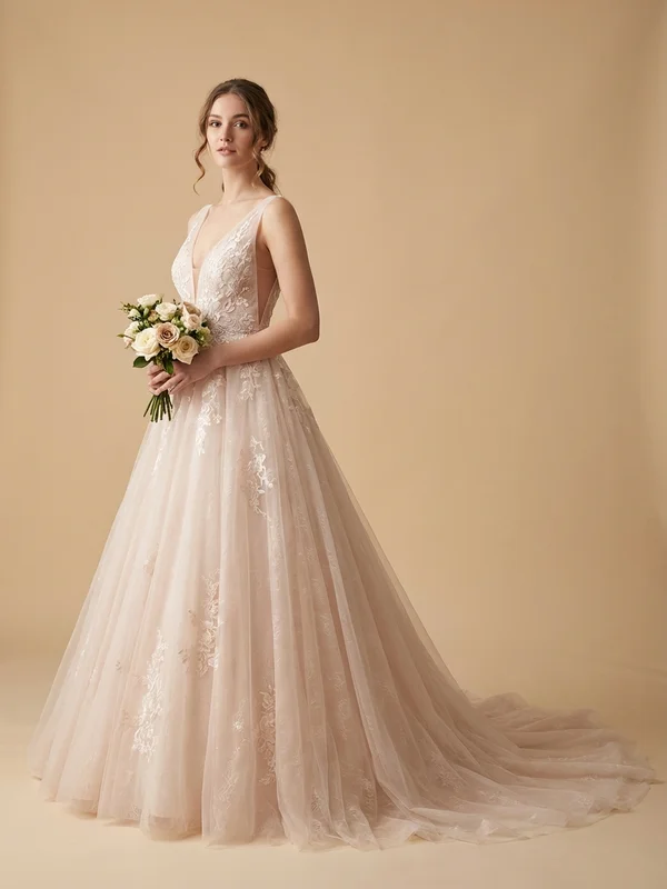 Theodora — Blush Tulle Winter Wedding Dress with Embroidered Bodice - 1