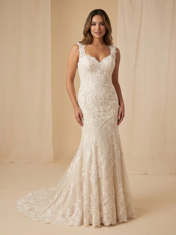 Emmeline — Champagne Lace Fit & Flare Wedding Dress with Open Back - 1