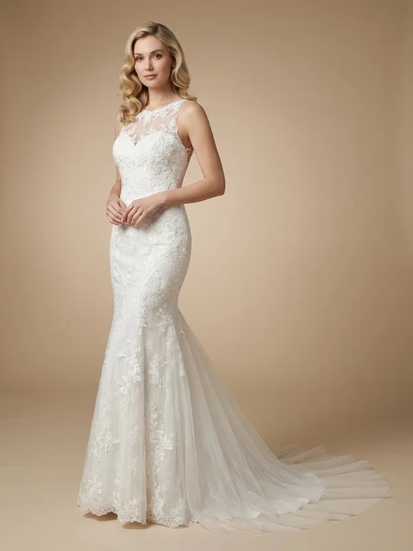 Theodora — White Lace Mermaid Wedding Gown with Long Sleeves - 1