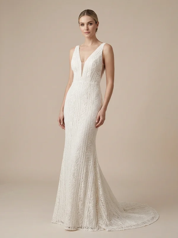 Vivienne — Ivory Lace Sheath Wedding Dress with Plunging Neckline - 1