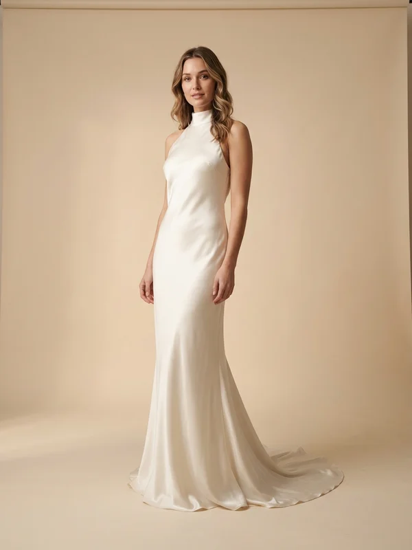 Celestine — Ivory Satin Low Back Wedding Dress with Draped Detail - 1