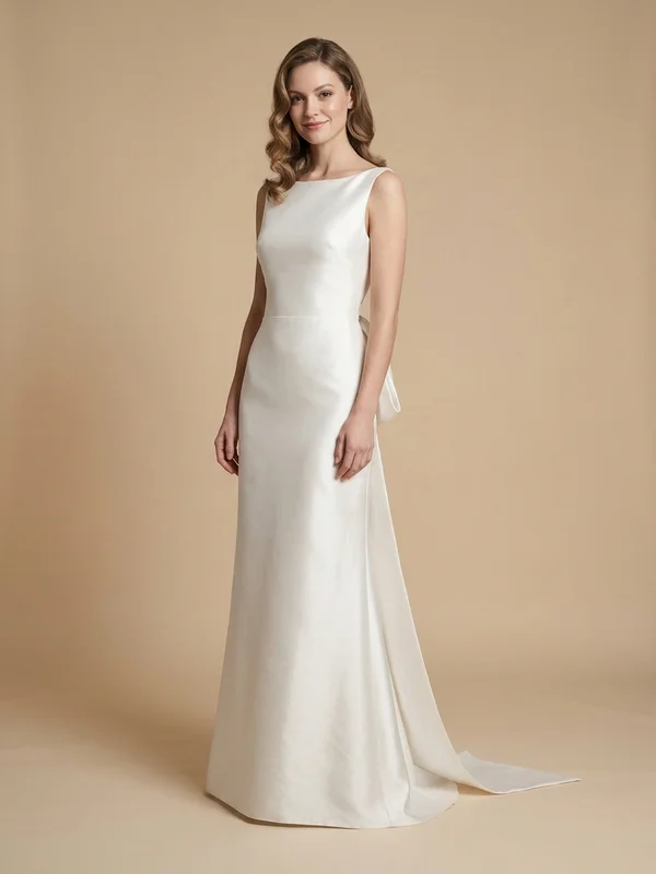 Delphinia — White Silk Low Back Wedding Dress with Bow Detail - 1