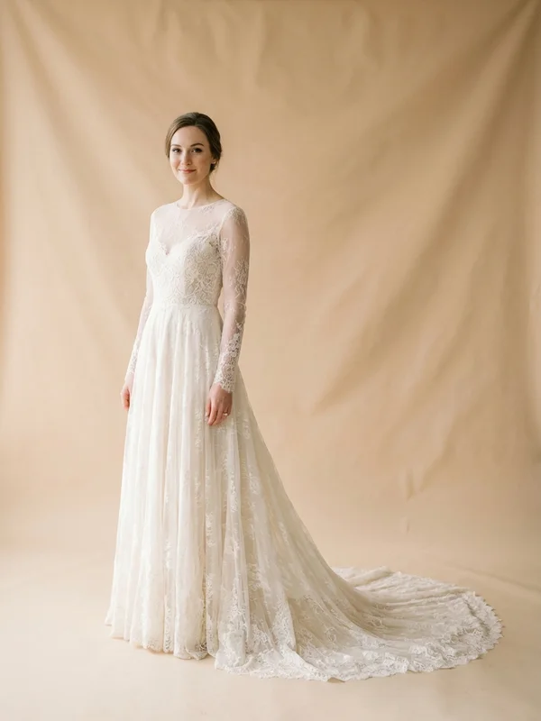 Evangeline — Ivory Lace Long Sleeve Wedding Dress with Illusion Back - 1