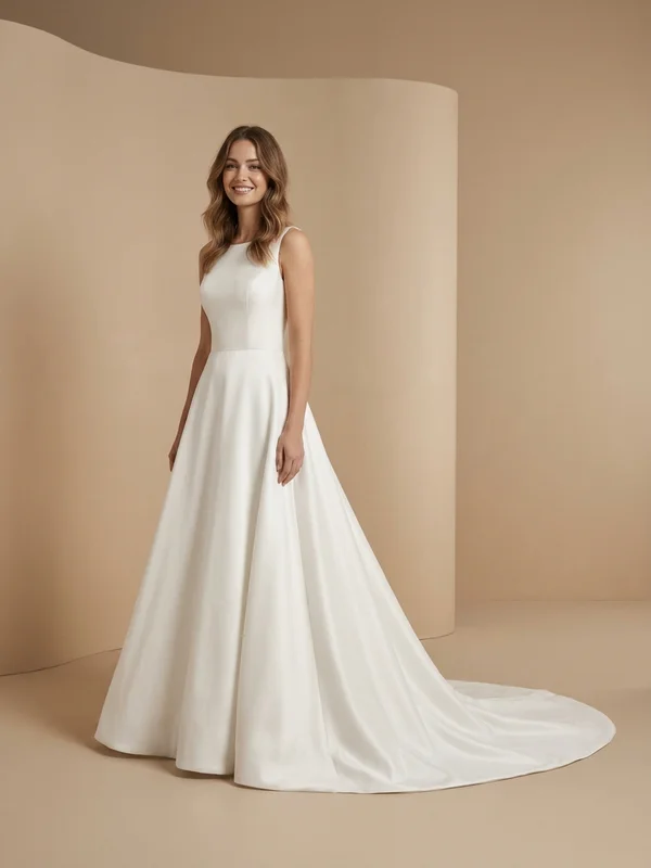 Rosalind — White Satin Long Sleeve Wedding Gown with Button Back - 1