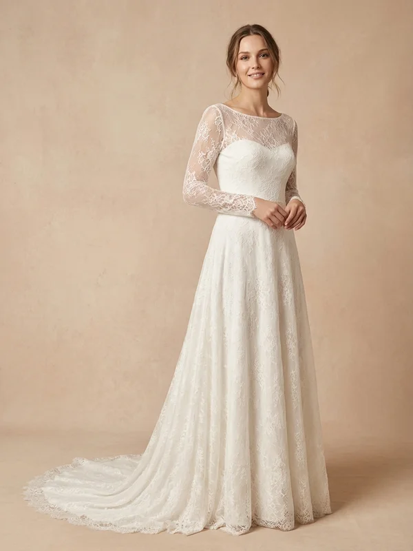 Valentina — White French Lace Luxury Wedding Dress with Illusion Sleeves - 1