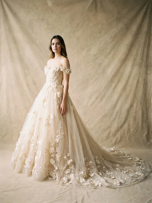 Arabesque — Champagne Embroidered Tulle Luxury Wedding Dress with 3D Floral Appliqué - 1