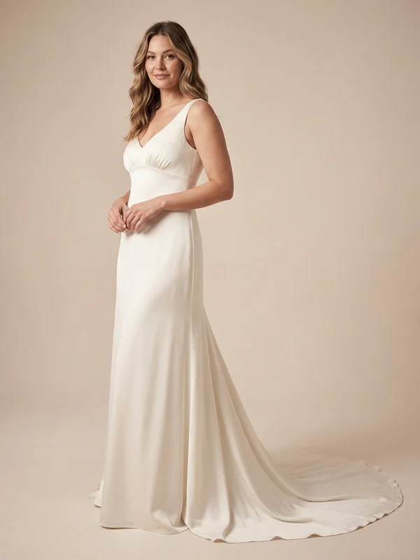Haven — Ivory Stretch Satin Maternity Wedding Dress with Empire Waist - 1